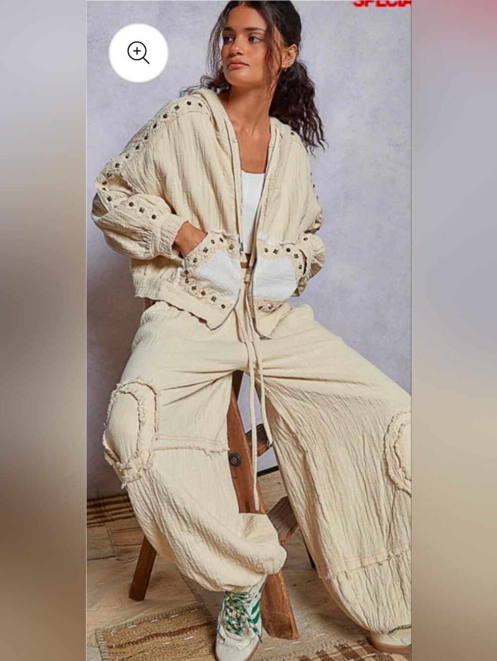 NEW!! POL Studded Cream Boho Textured Two-Piece Set, Sz Large, NWT